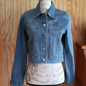 Chico's Platinum Sequined Cropped Denim Jacket